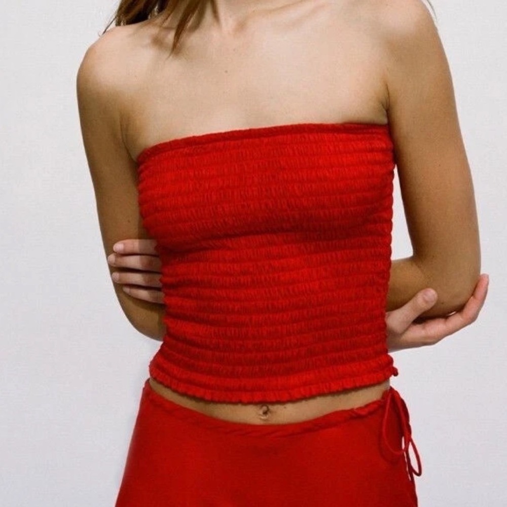 Realisation Par The Biana Red Smocked Silk Tube Top Strapless XXS